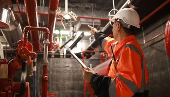 The engineer inspects the safety equipment on the fire extinguishing system.